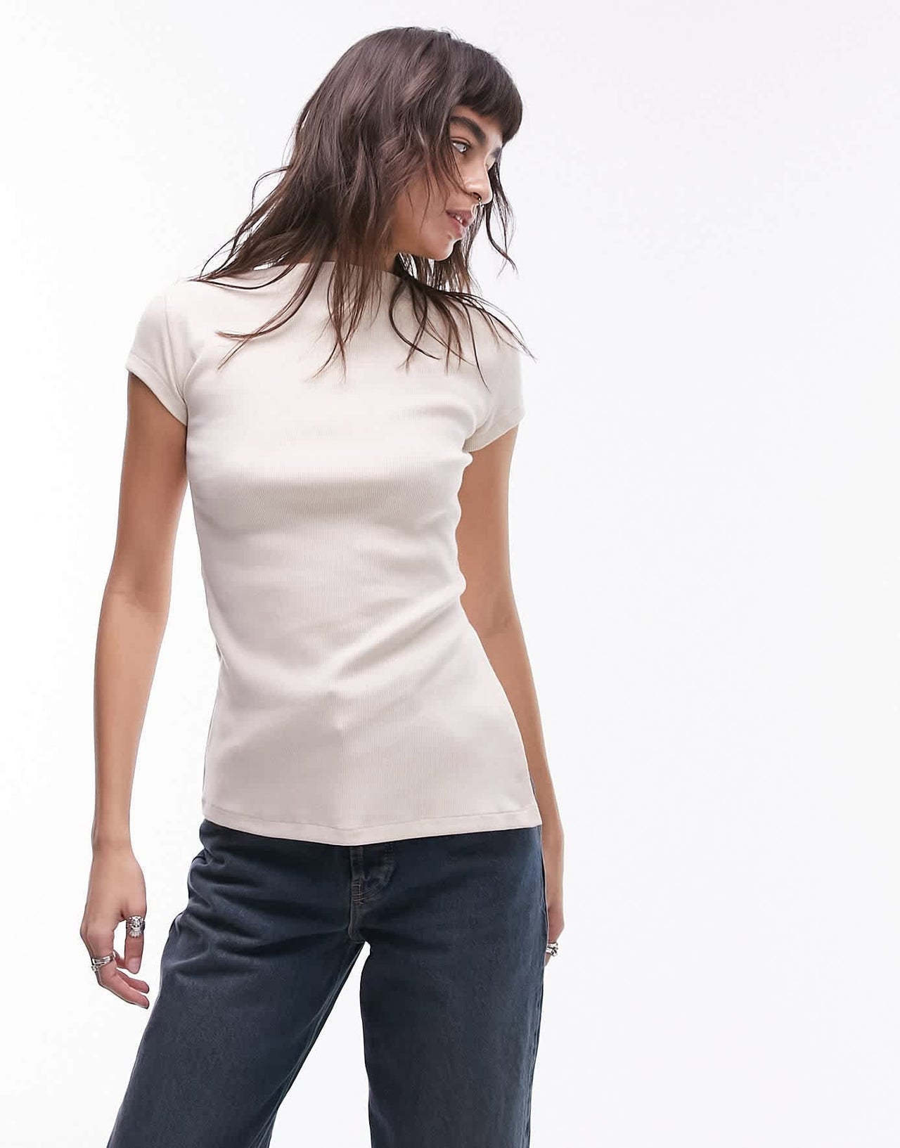 Topshop rib high neck side split tee in stone