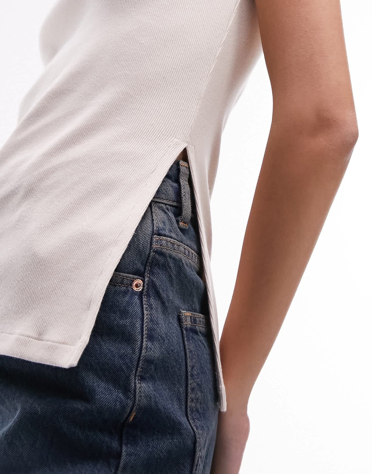 Topshop rib high neck side split tee in stone