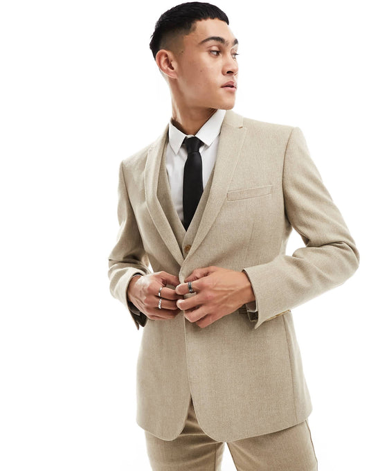 ASOS DESIGN skinny fit wool mix suit jacket in camel basketweave