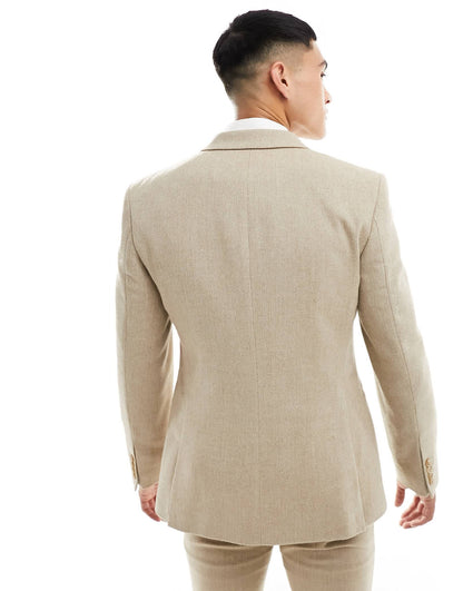 ASOS DESIGN skinny fit wool mix suit jacket in camel basketweave
