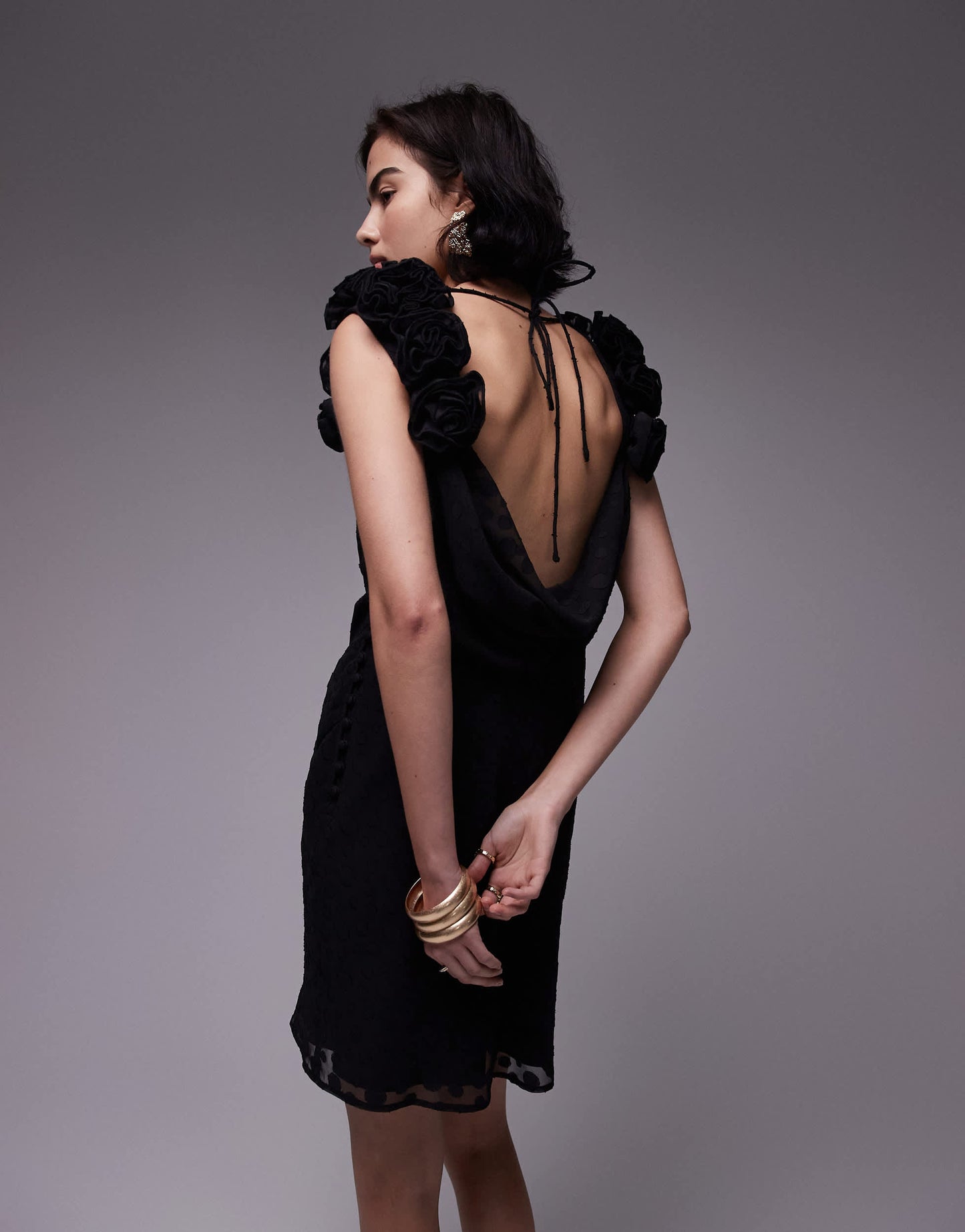 Topshop slip mini dress with 3D ruffle sleeve in black jacquard spot