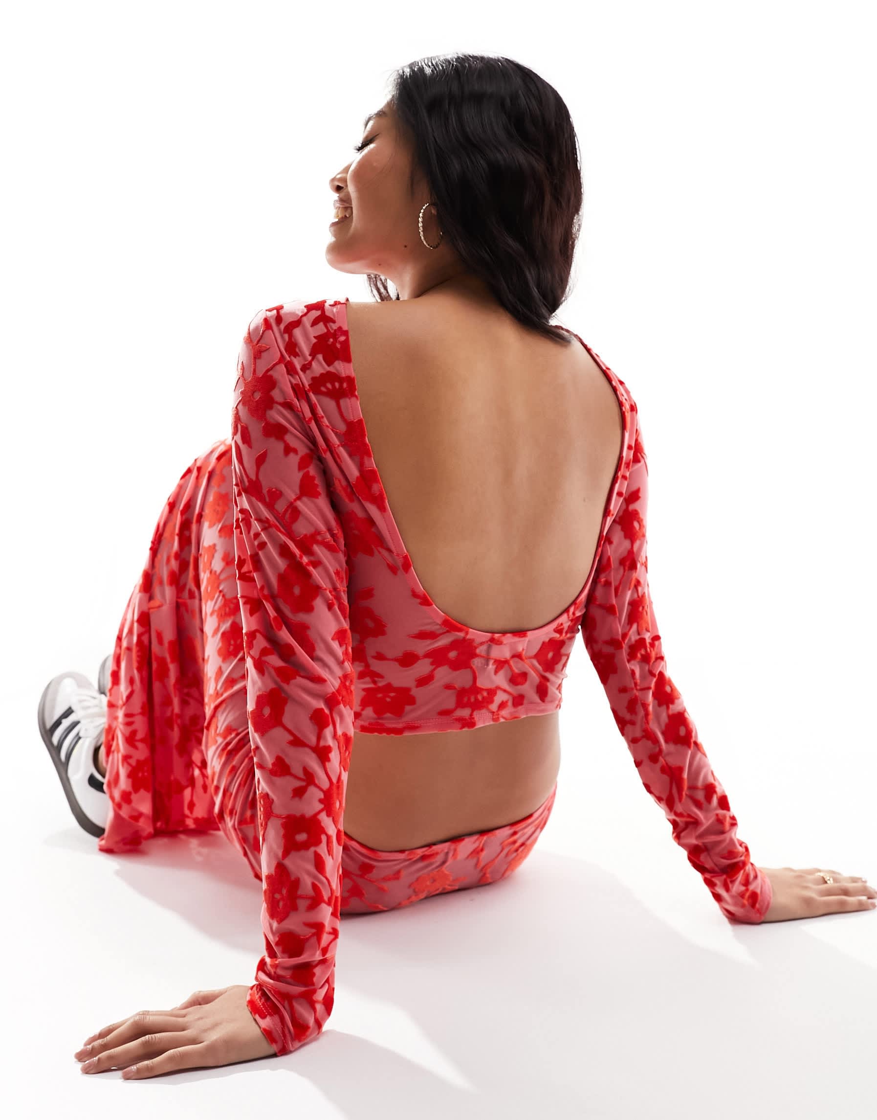 ASOS DESIGN slash neck open back burnout top co ord in red