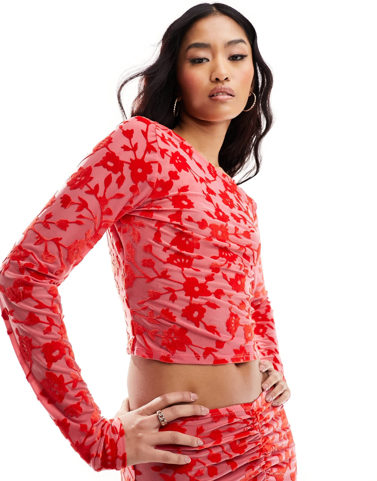 ASOS DESIGN slash neck open back burnout top co ord in red