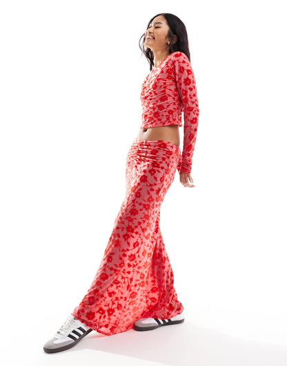 ASOS DESIGN slash neck open back burnout top co ord in red
