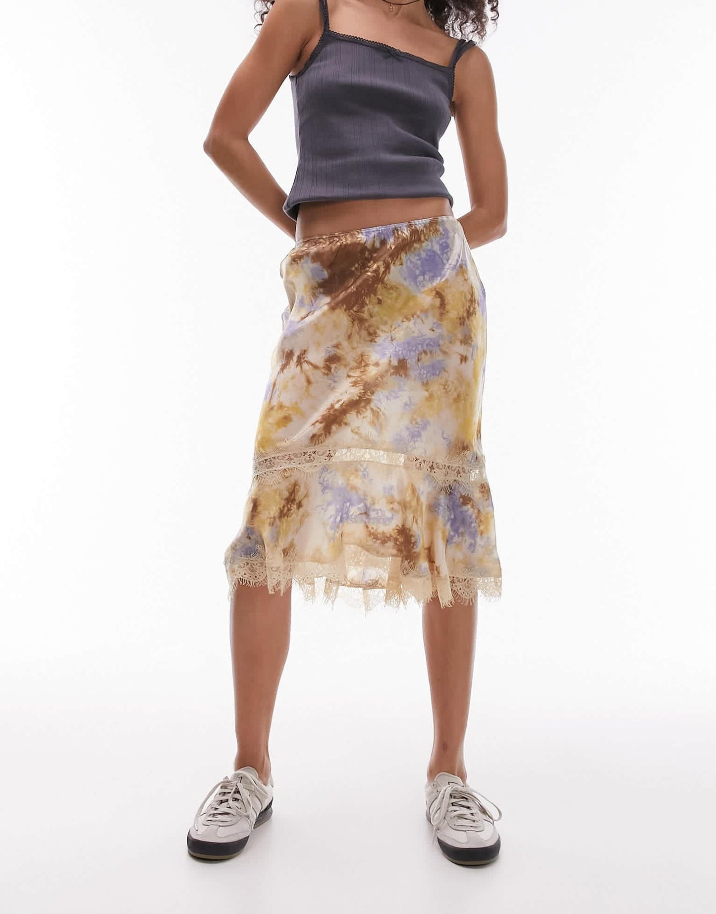 Topshop satin tie dye 90's length skirt with lace trim detail in multi