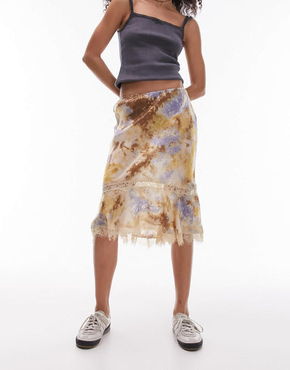 Topshop satin tie dye 90's length skirt with lace trim detail in multi