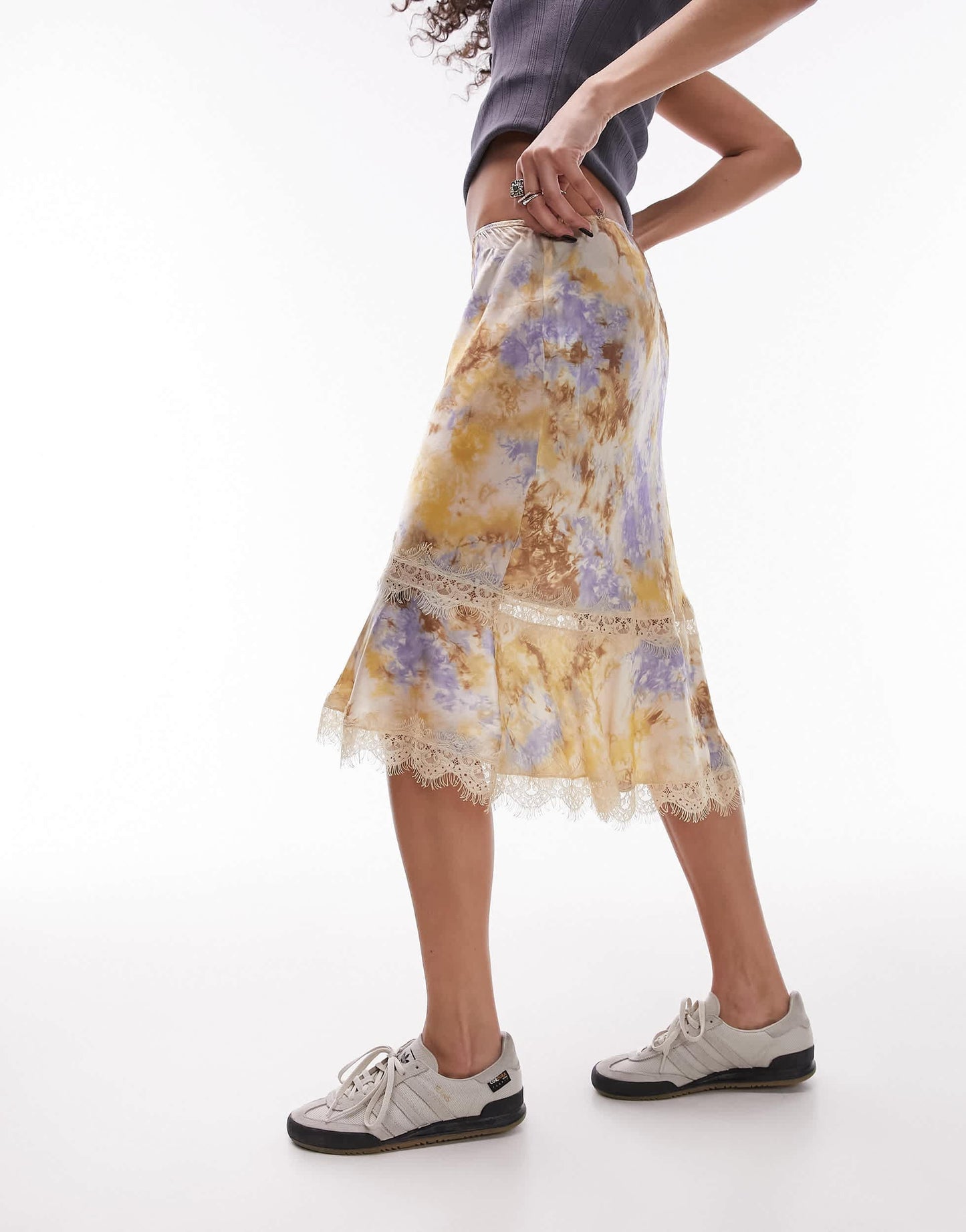 Topshop satin tie dye 90's length skirt with lace trim detail in multi