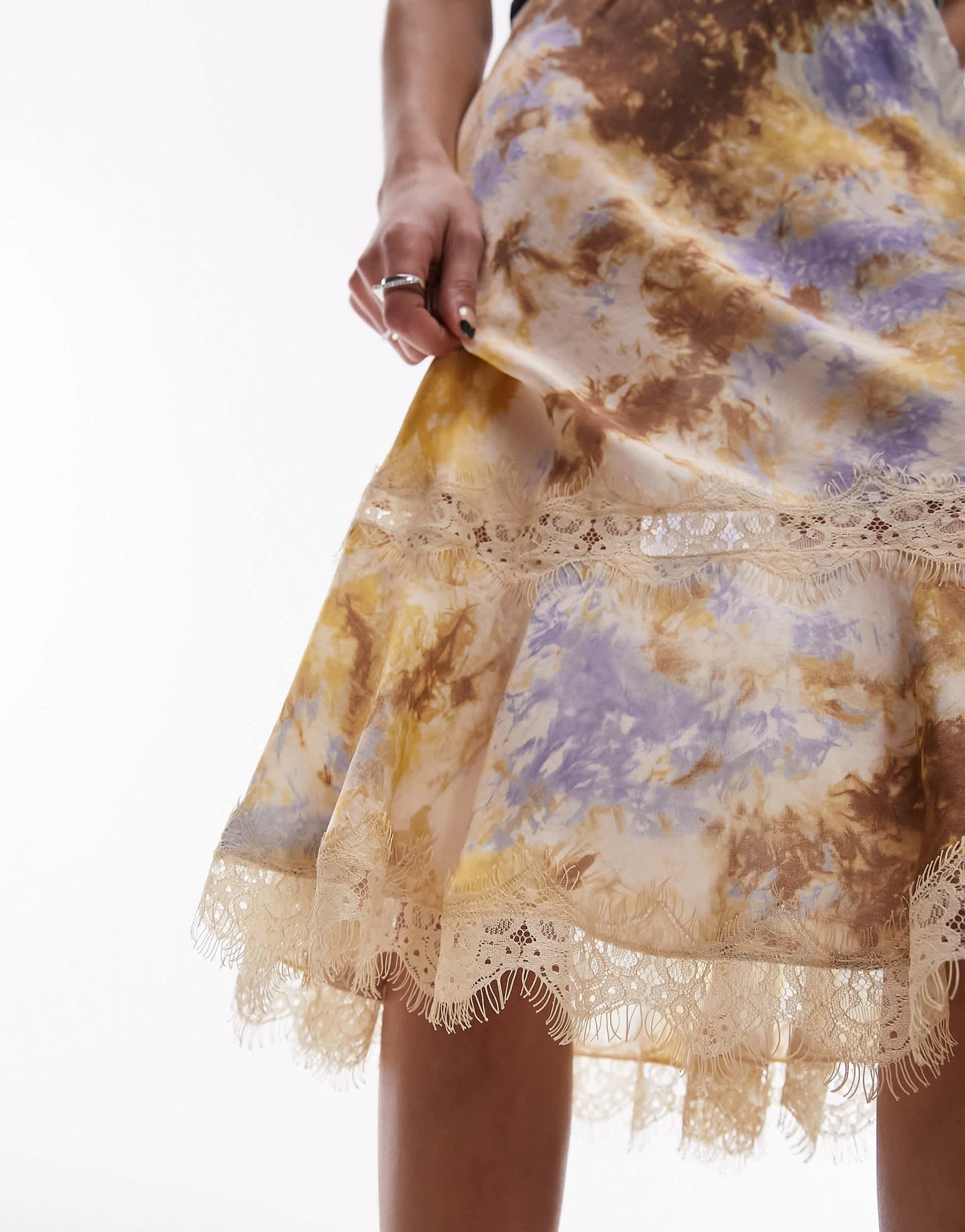 Topshop satin tie dye 90's length skirt with lace trim detail in multi