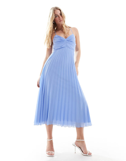ASOS DESIGN pleated bodice strappy pleat midi dress with tie back detail in light blue