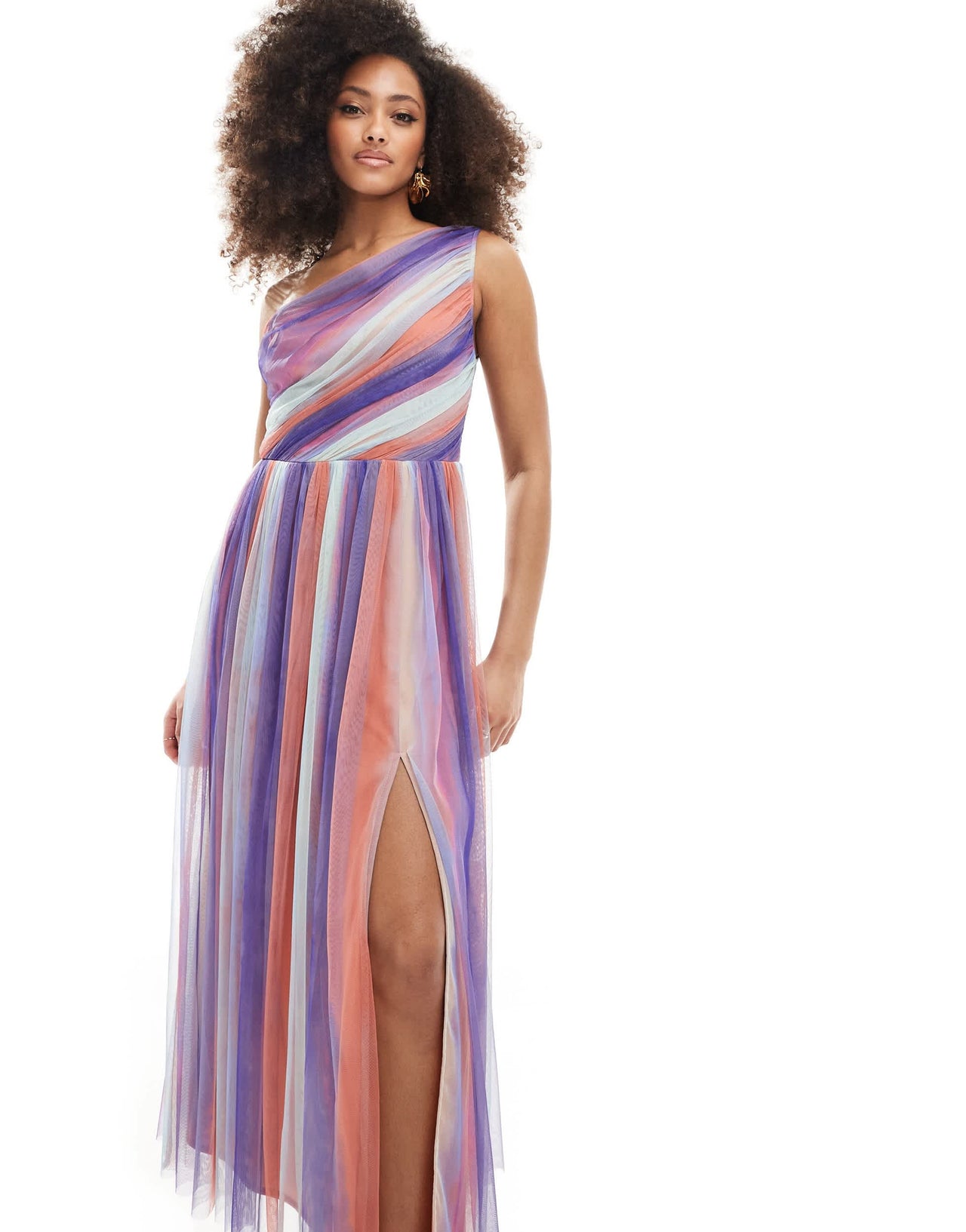 Anaya one shoulder tulle midaxi with split in multi coloured stripe