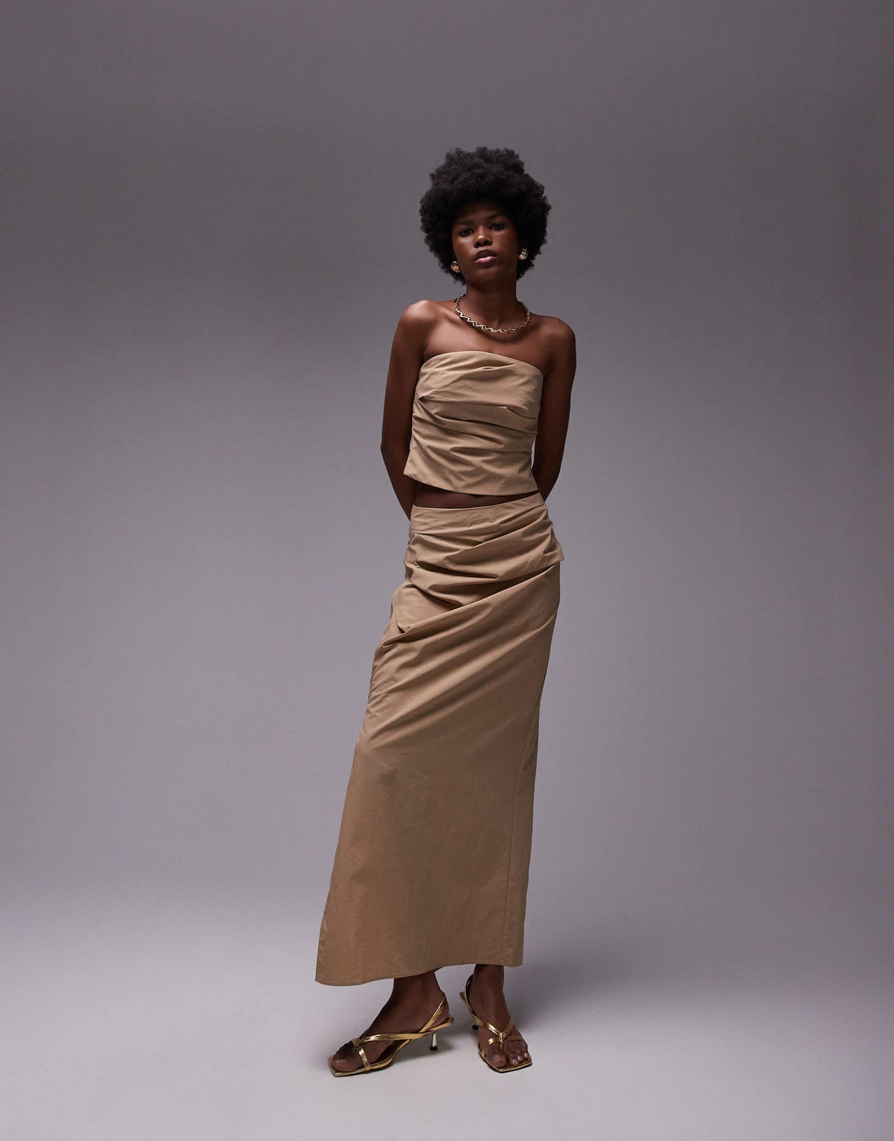 Topshop co-ord technical fabric ruched bandeau top in sand