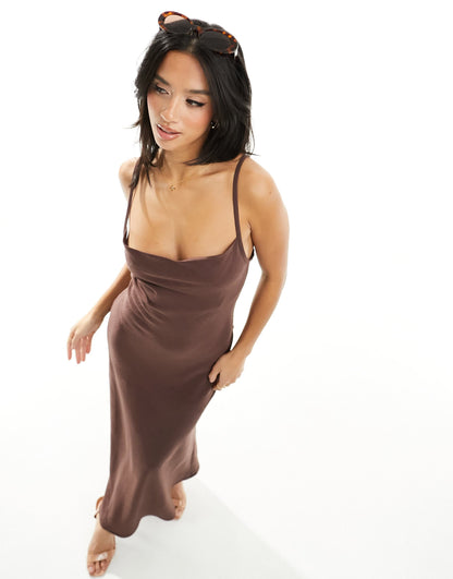 ASOS DESIGN Petite linen cowl detail maxi slip sundress with draped back detail in chocolate