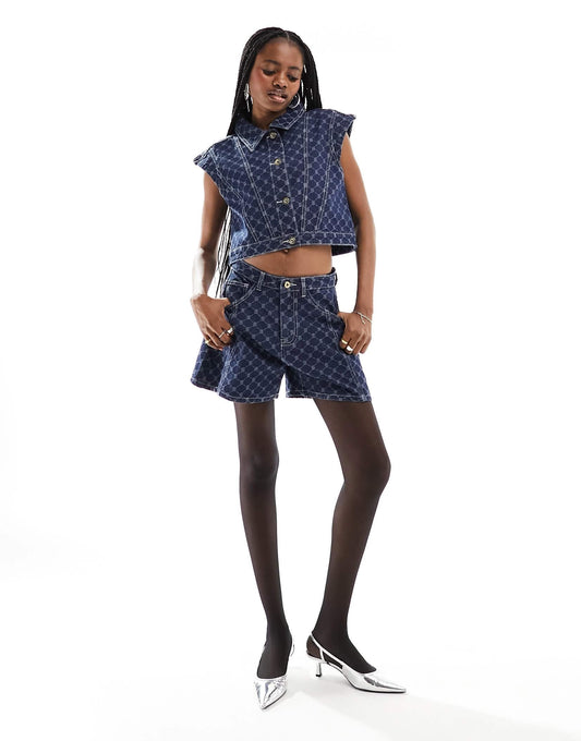 Amy Lynn diamond pattern denim jort co-ord in dark wash