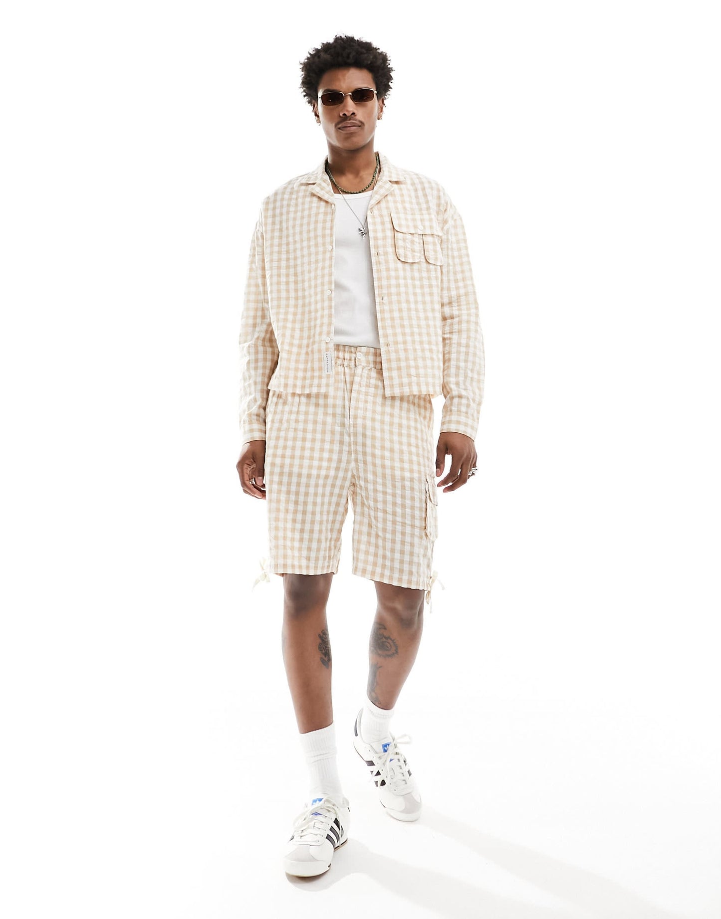 Native Youth textured check shorts in light beige
