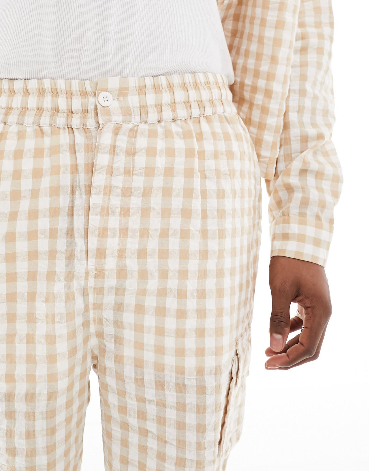Native Youth textured check shorts in light beige
