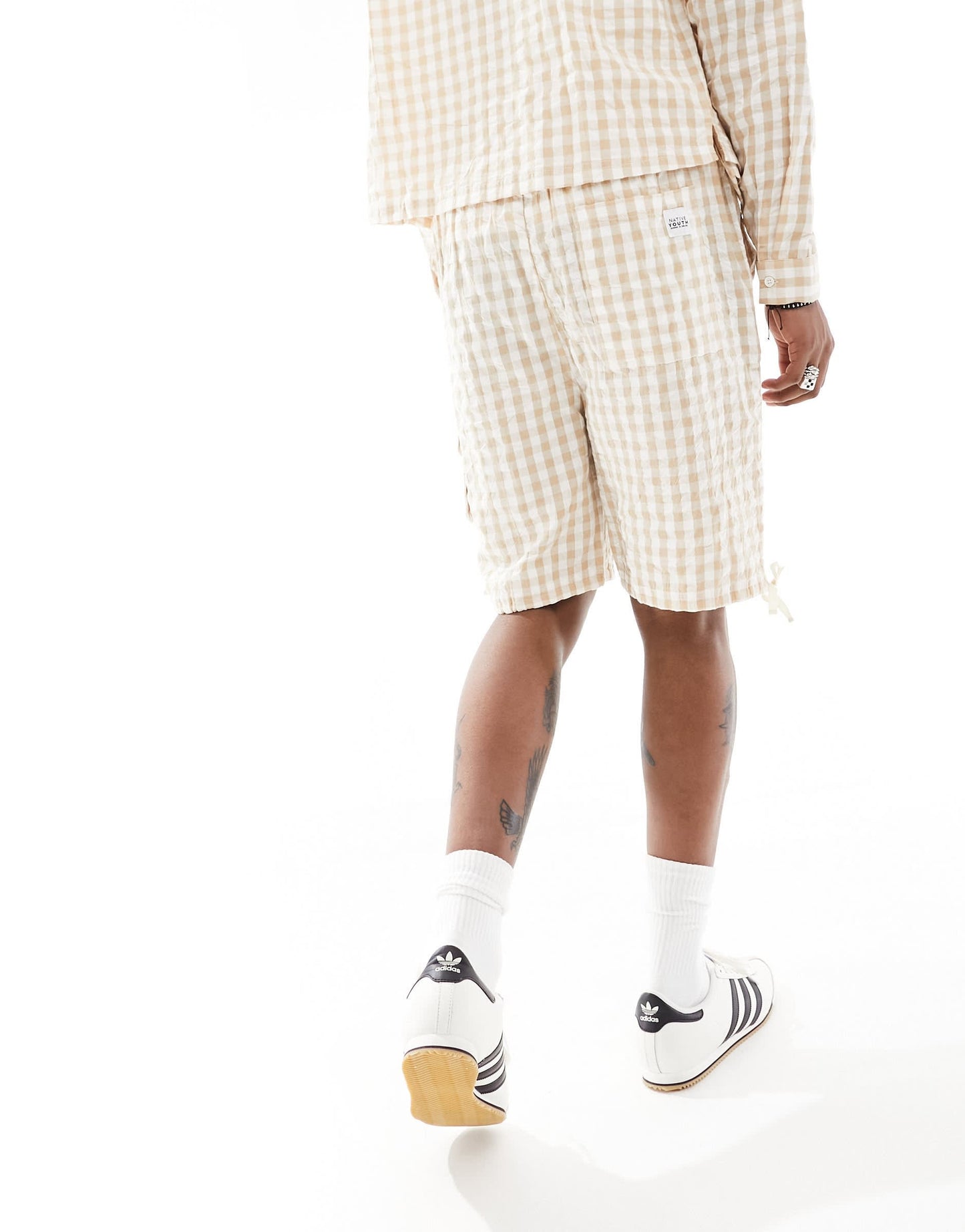 Native Youth textured check shorts in light beige