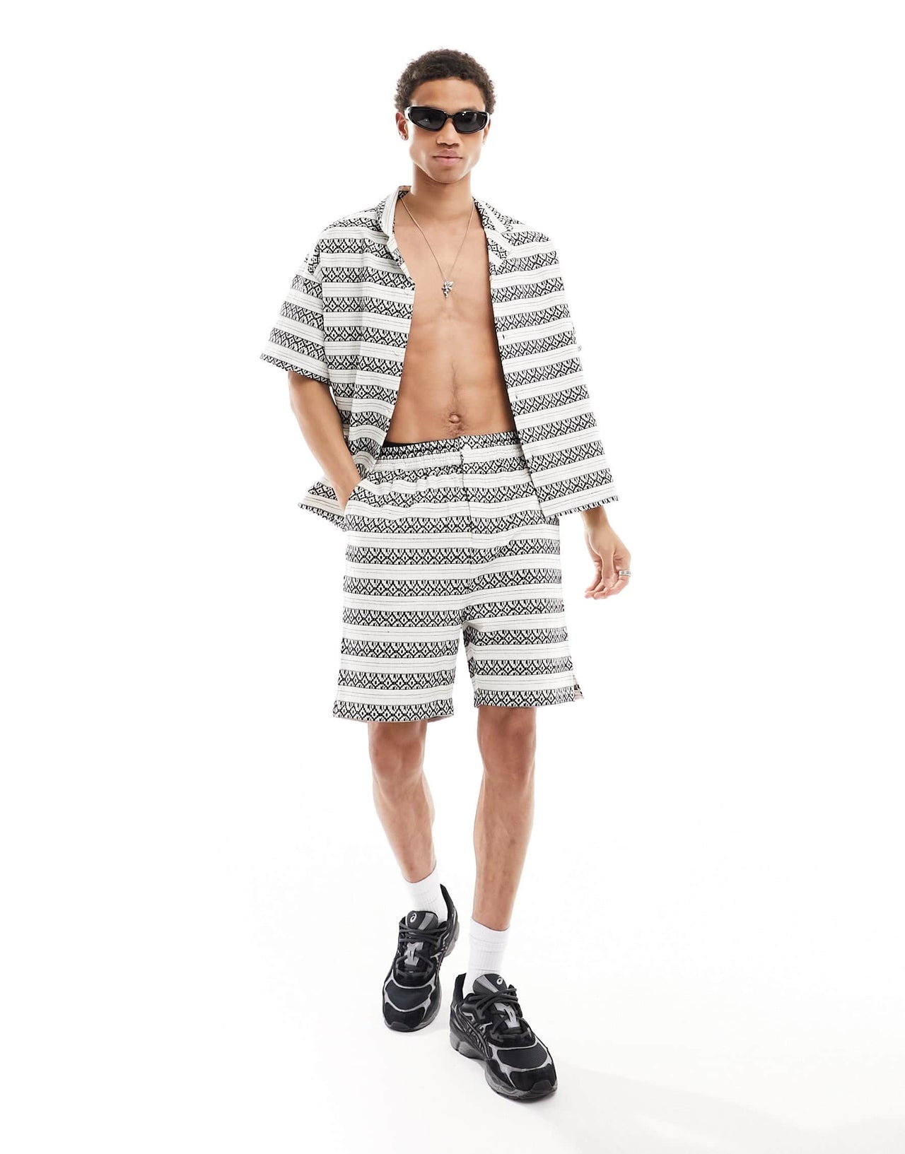 Native Youth stripe jacquard shorts co-ord in black and white