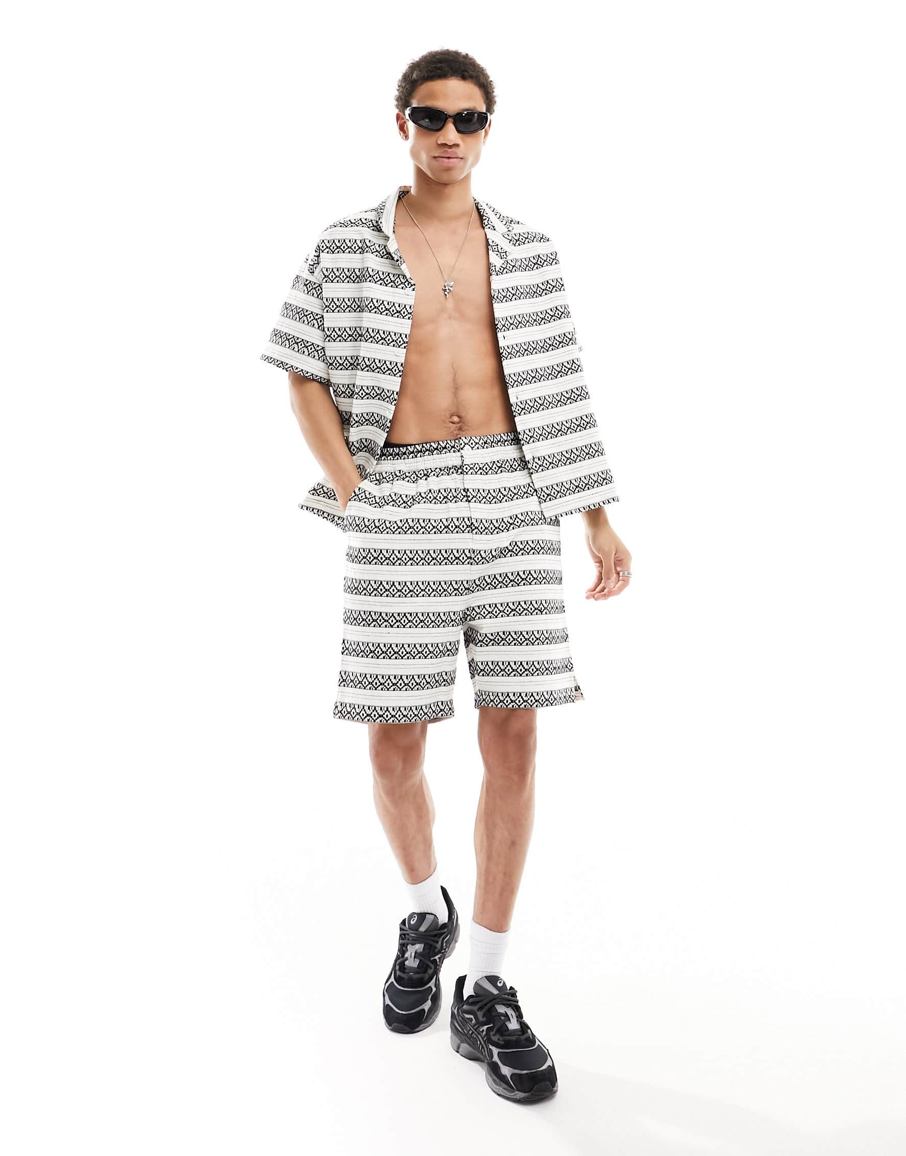 Native Youth stripe jacquard shorts co-ord in black and white
