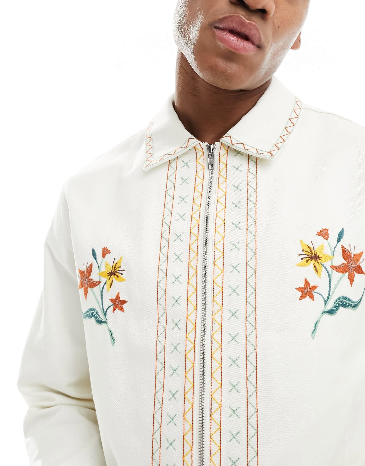ASOS DESIGN cropped harrington jacket with embroidery in ecru