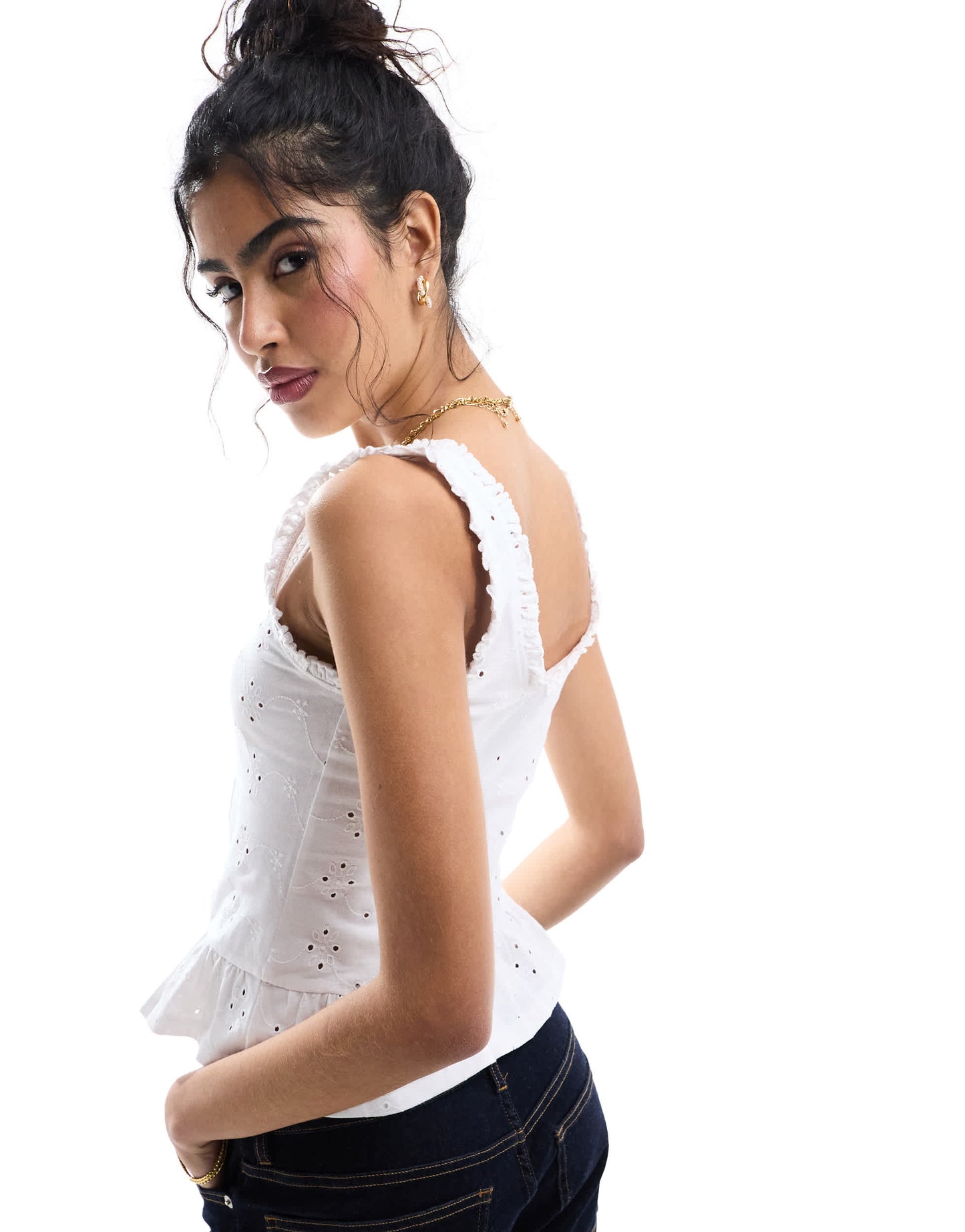 ASOS DESIGN broderie frill hem button down vest in white