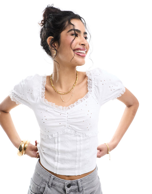 ASOS DESIGN puff sleeve broderie milkmaid top with lace trim in white