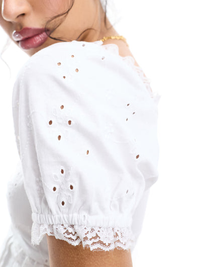 ASOS DESIGN puff sleeve broderie milkmaid top with lace trim in white