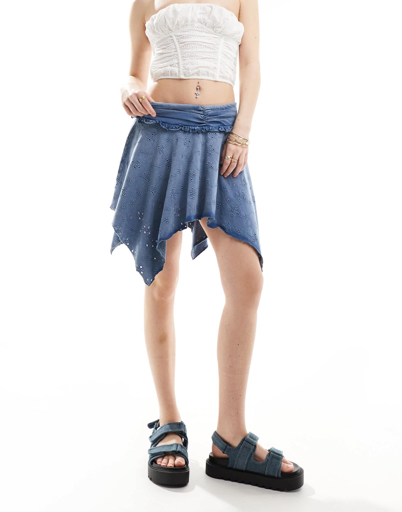 ASOS DESIGN high low hem broderie rara skirt in washed blue