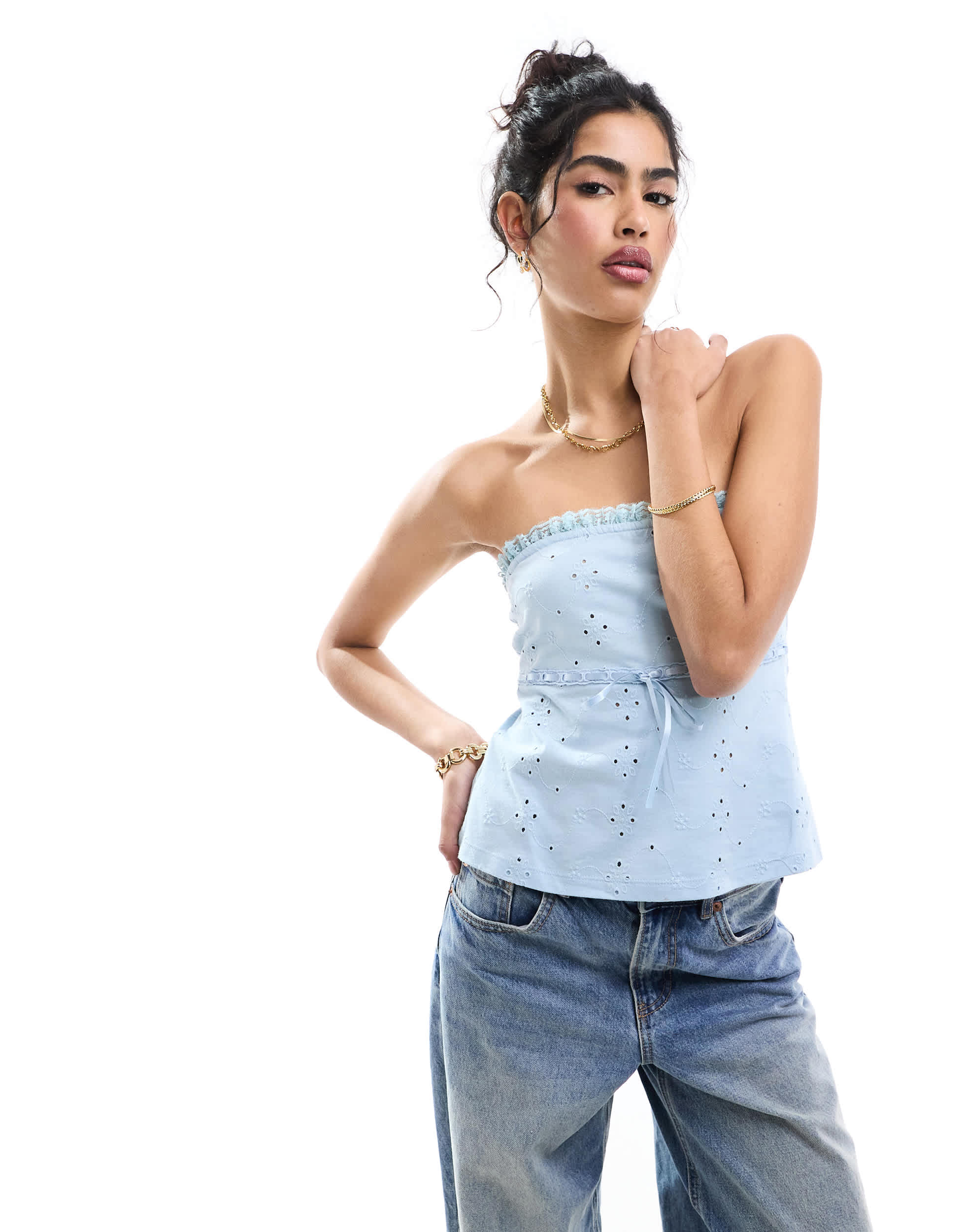 ASOS DESIGN broderie bandeau with ribbon detail in baby blue