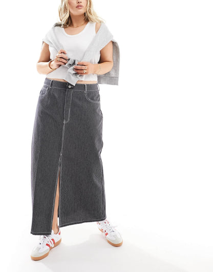 ONLY Curve lightweight denim midi skirt in navy pinstripe