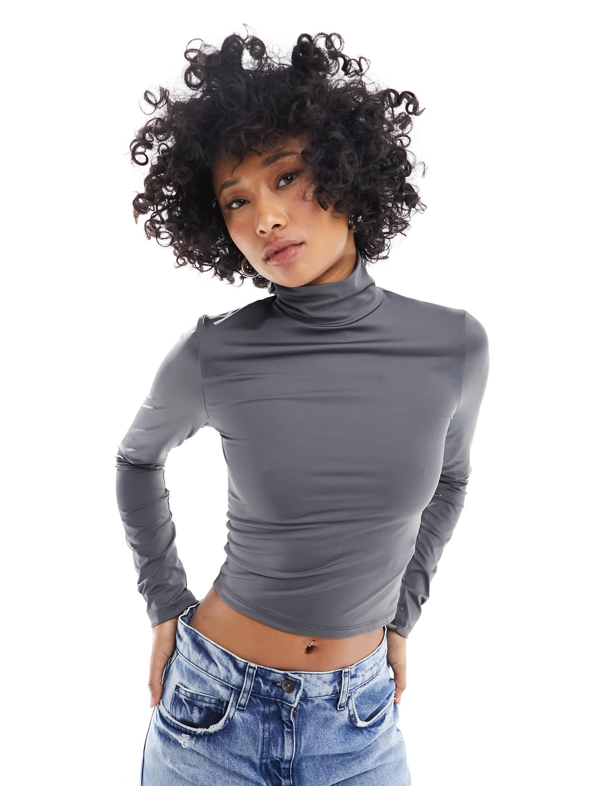 Stradivarius STR high neck long sleeve top in charcoal