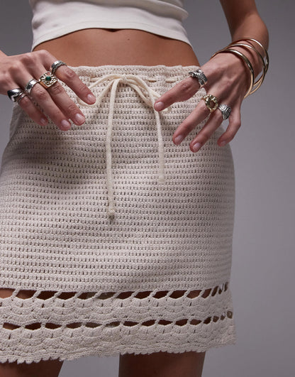 Topshop knitted crochet trim mini skirt in stone