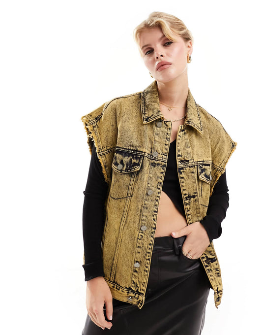 Urban Revivo raw edge sleeveless denim jacket in vintage yellow