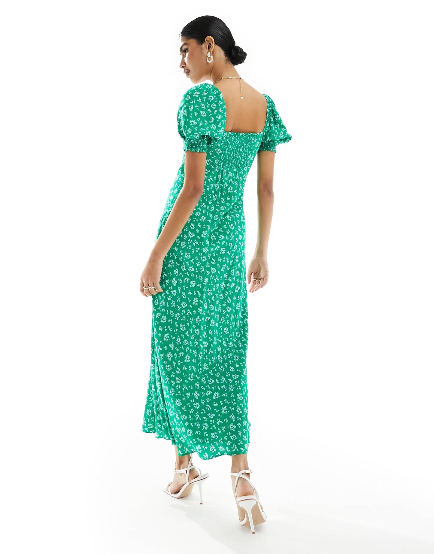 Forever New puff sleeve midaxi dress in green ditsy floral