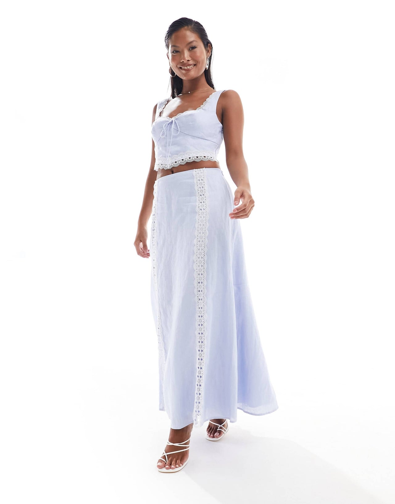 Ever New Petite lace detail maxi skirt co-ord in baby blue