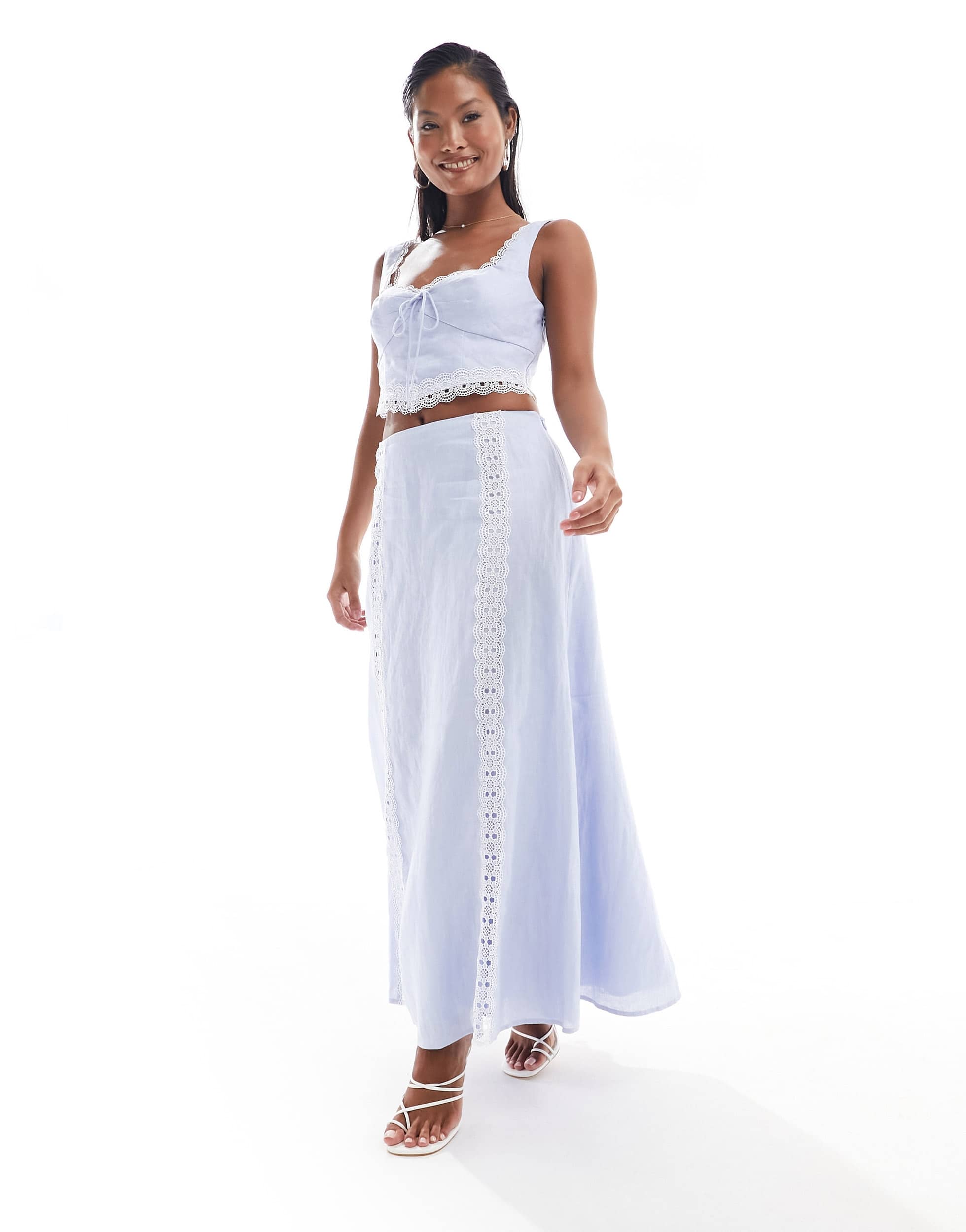 Ever New Petite lace detail maxi skirt co-ord in baby blue