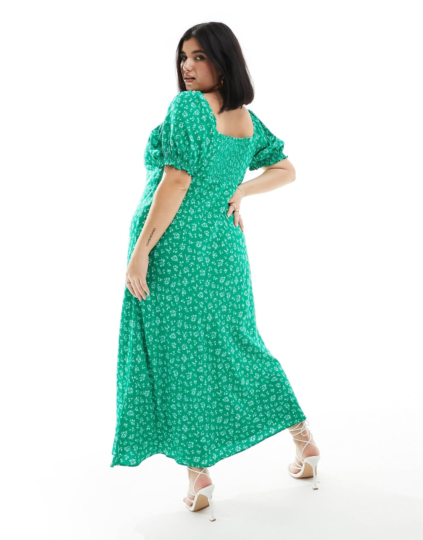 Forever New Curve puff sleeve midi dress in green ditsy floral