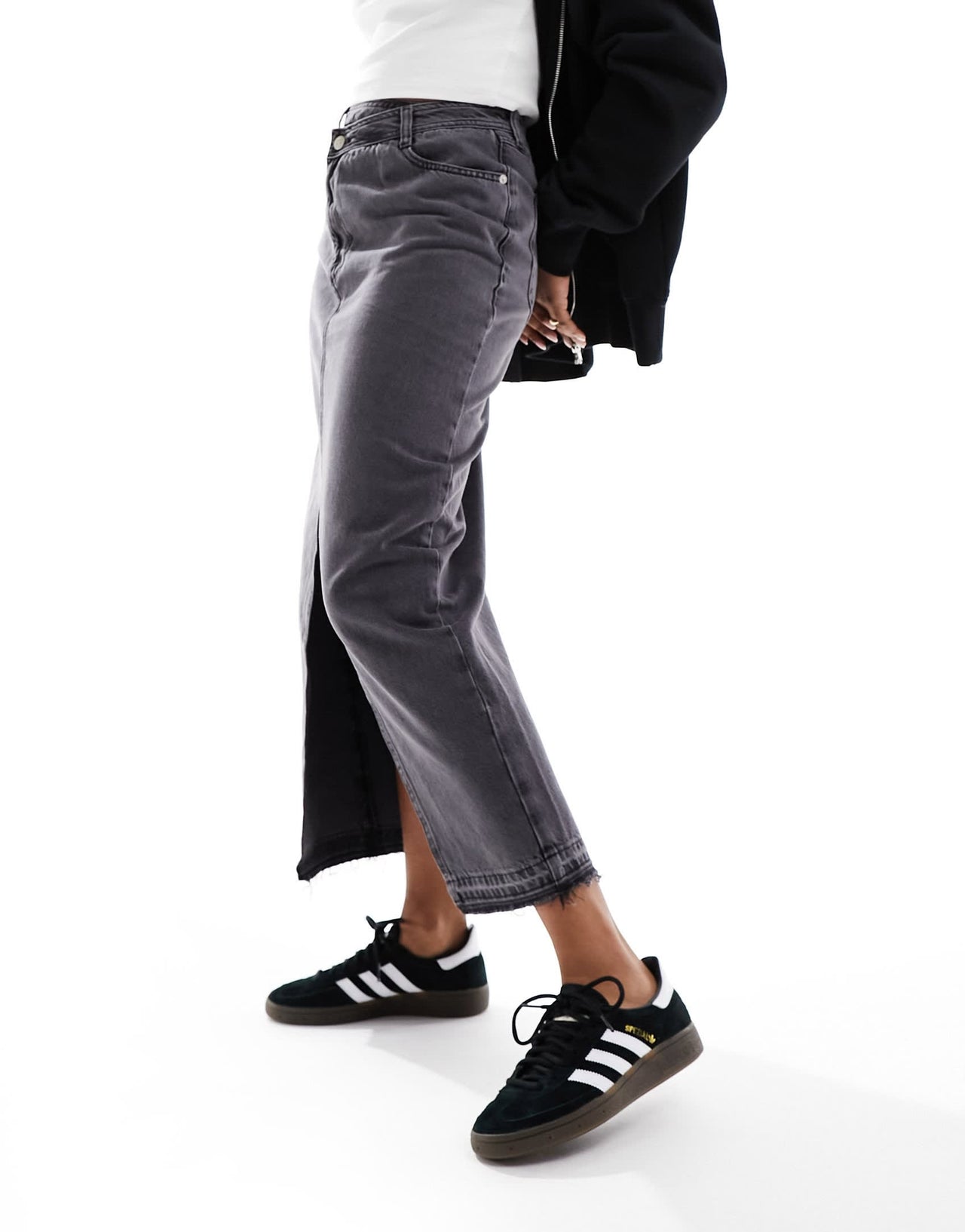 River Island wrapover waist denim maxi skirt in dark grey