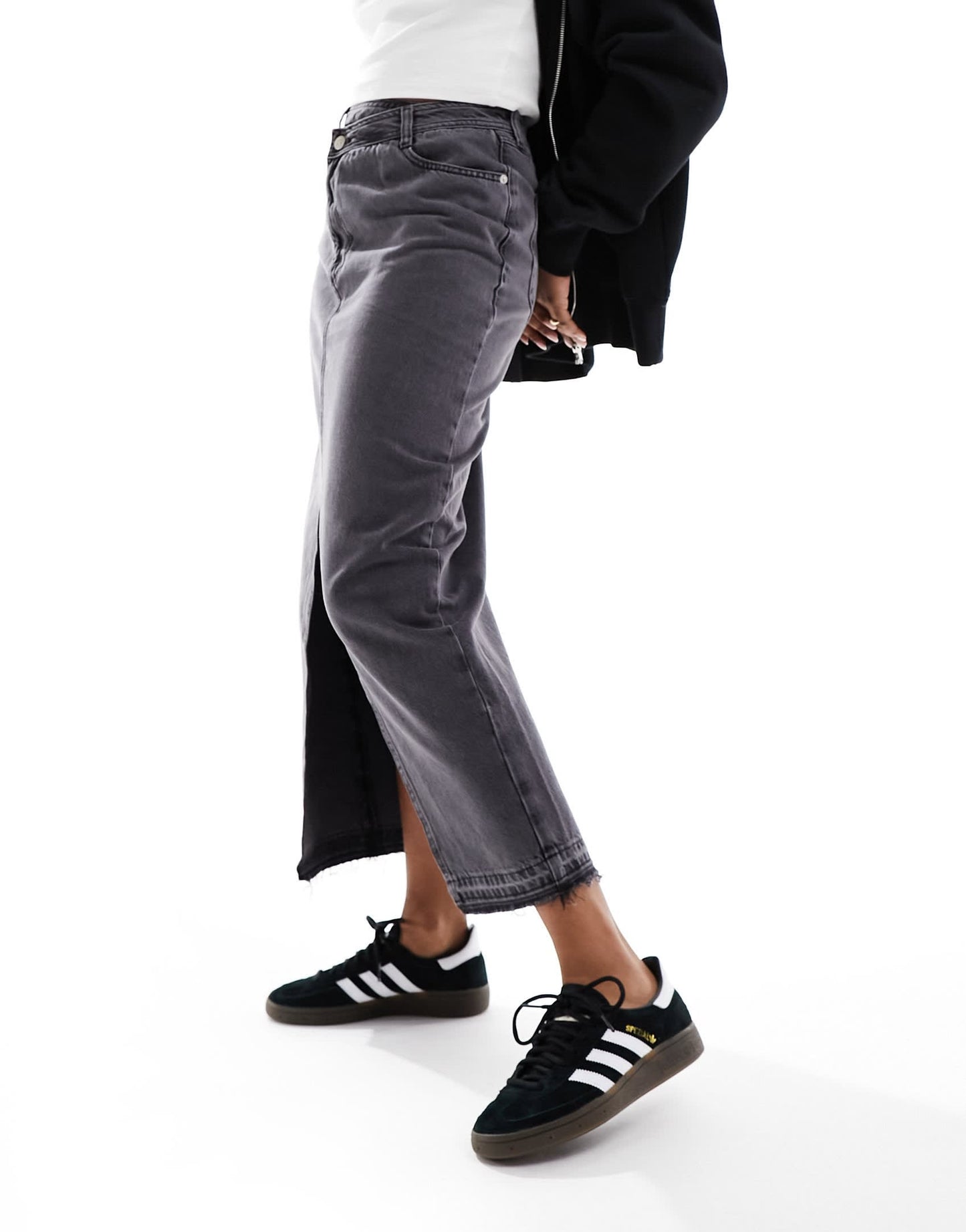 River Island wrapover waist denim maxi skirt in dark grey