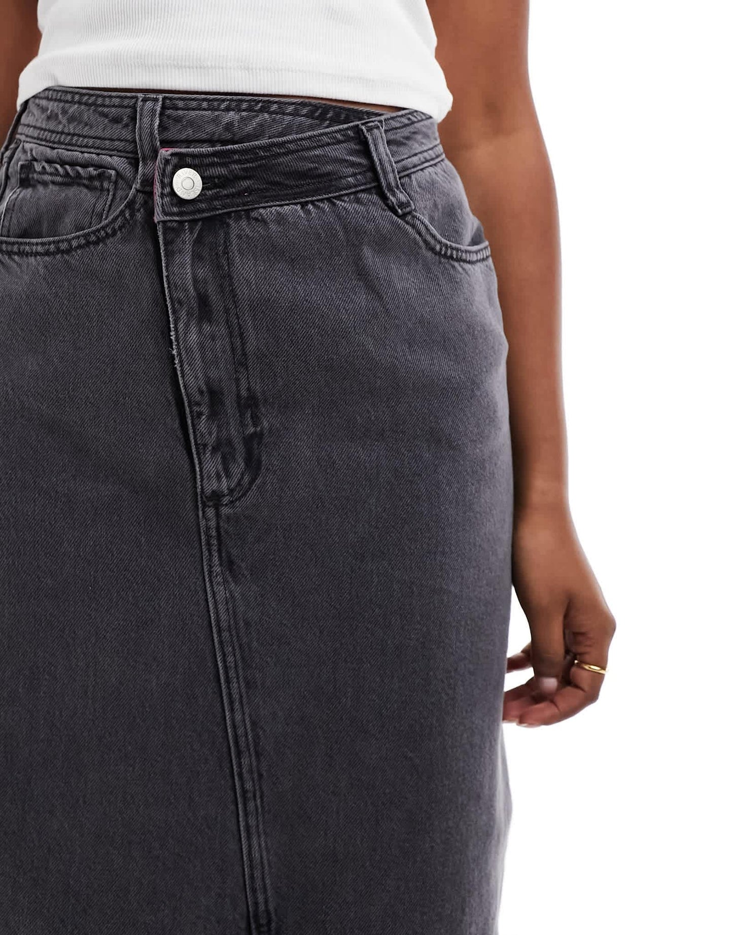 River Island wrapover waist denim maxi skirt in dark grey