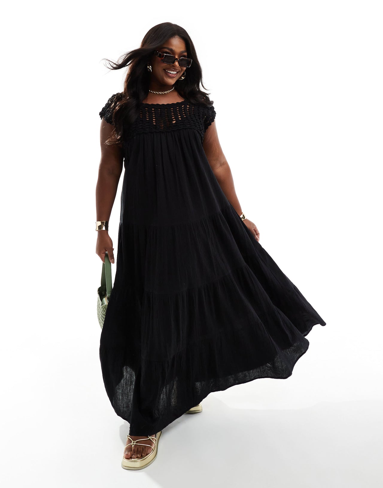 ASOS DESIGN Curve crochet swing tiered maxi dress in black