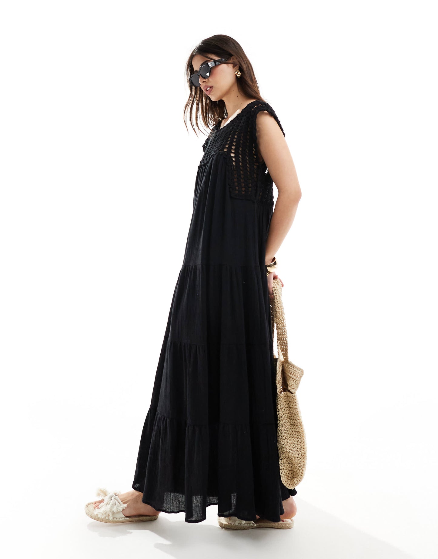 ASOS DESIGN crochet swing tiered maxi dress in black