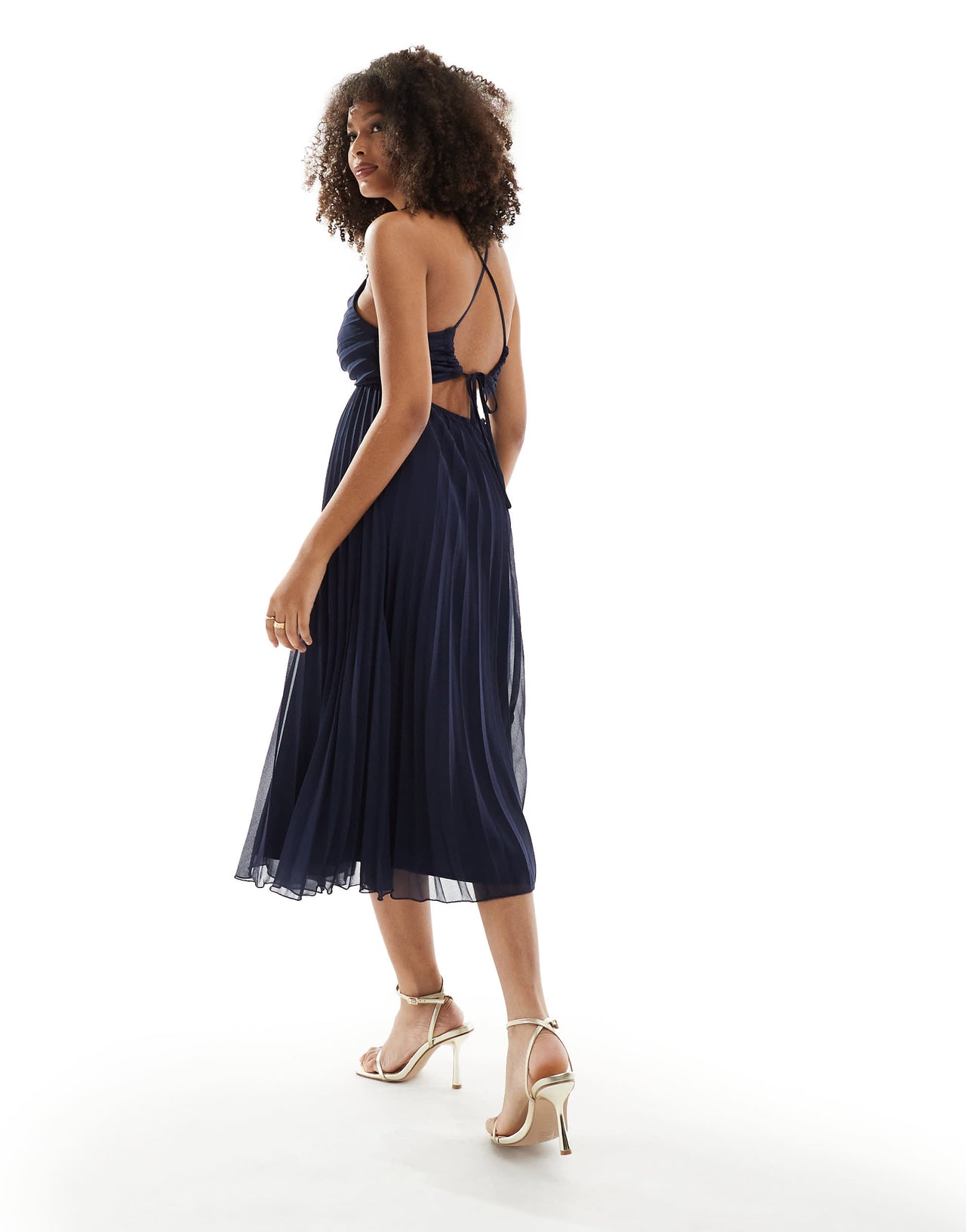ASOS DESIGN pleated bodice strappy pleat midi dress with tie back detail in navy