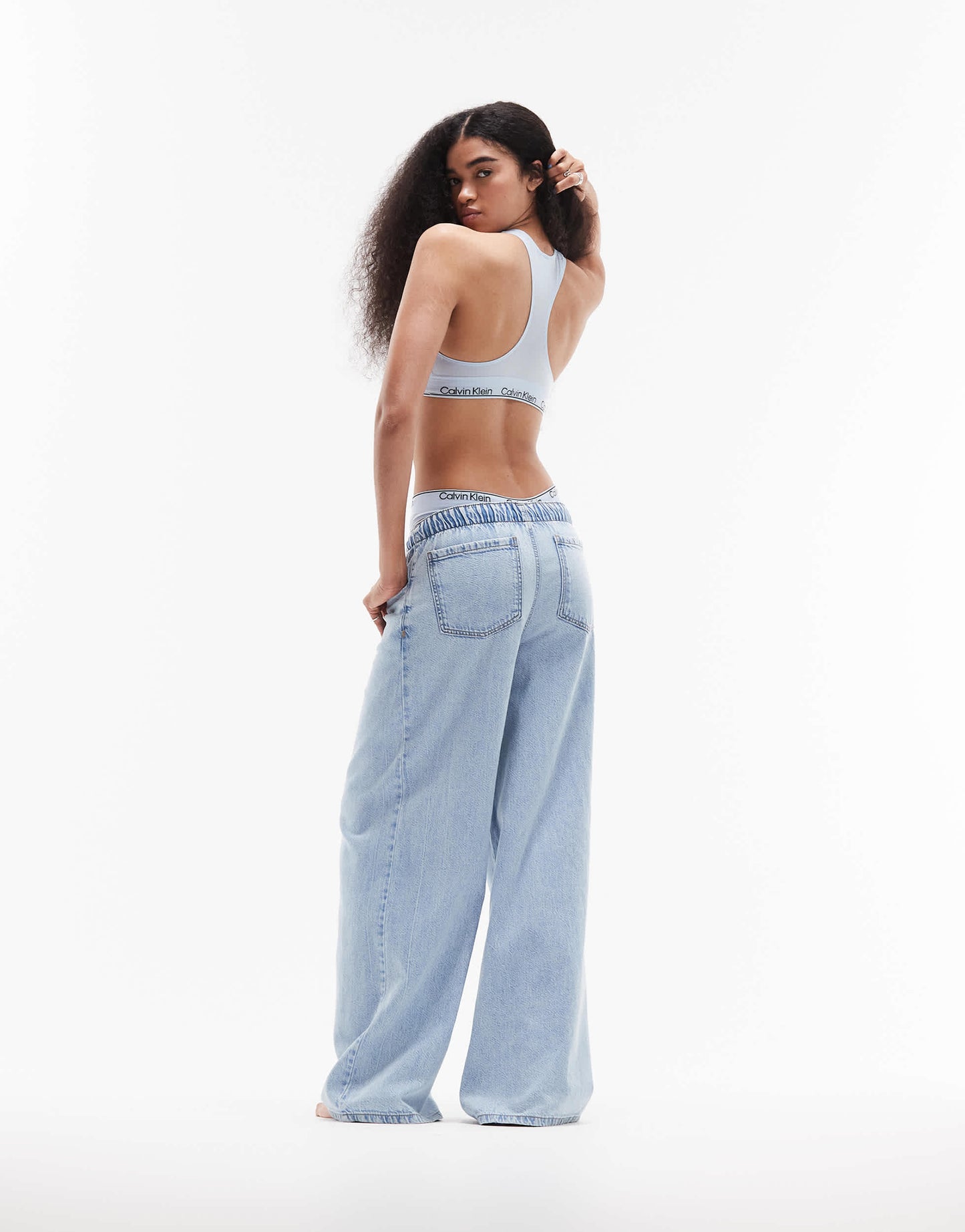 ASOS DESIGN tie front pull on soft wide leg jean in midwash blue