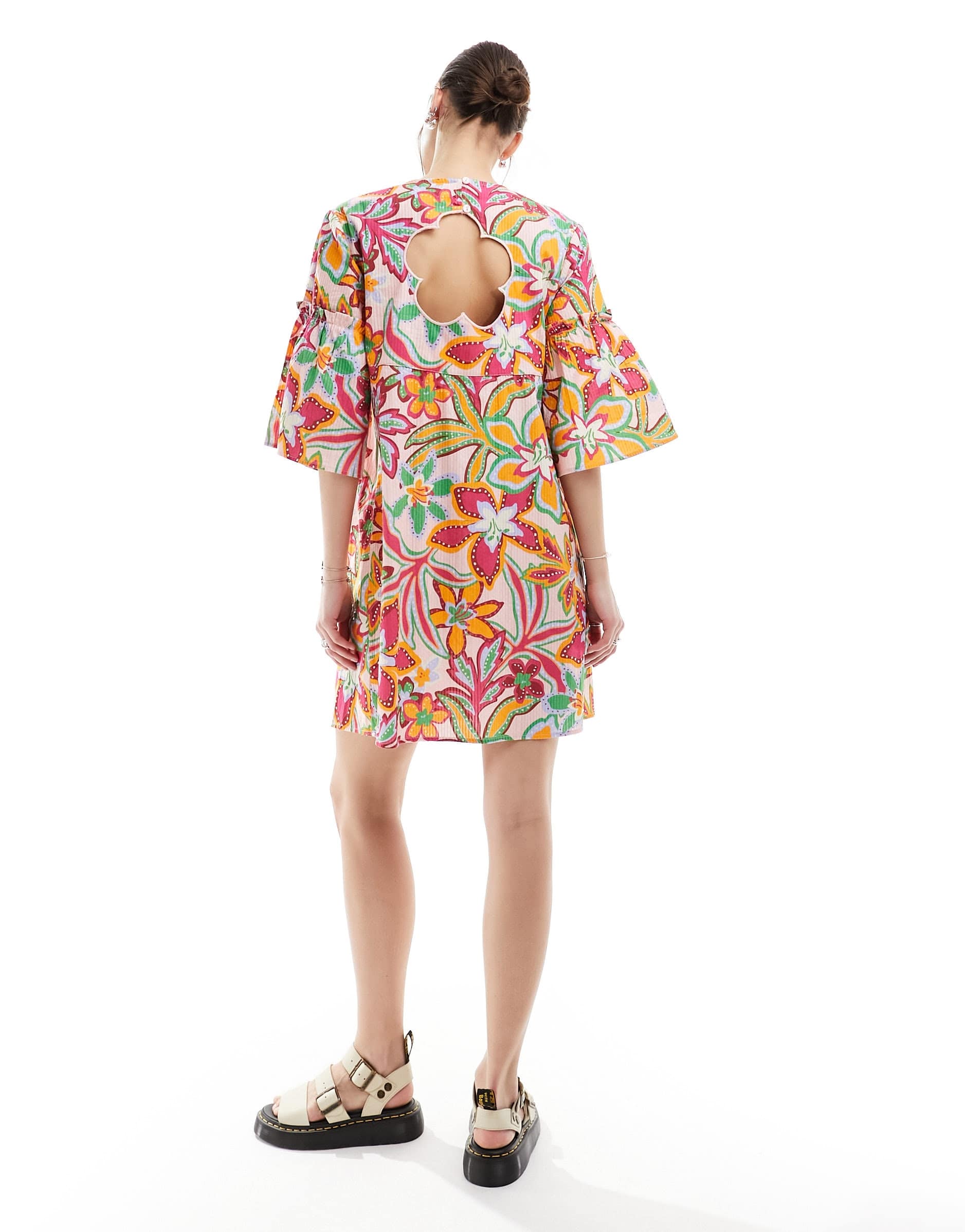 Native Youth flower cut-out back mini smock dress in multi