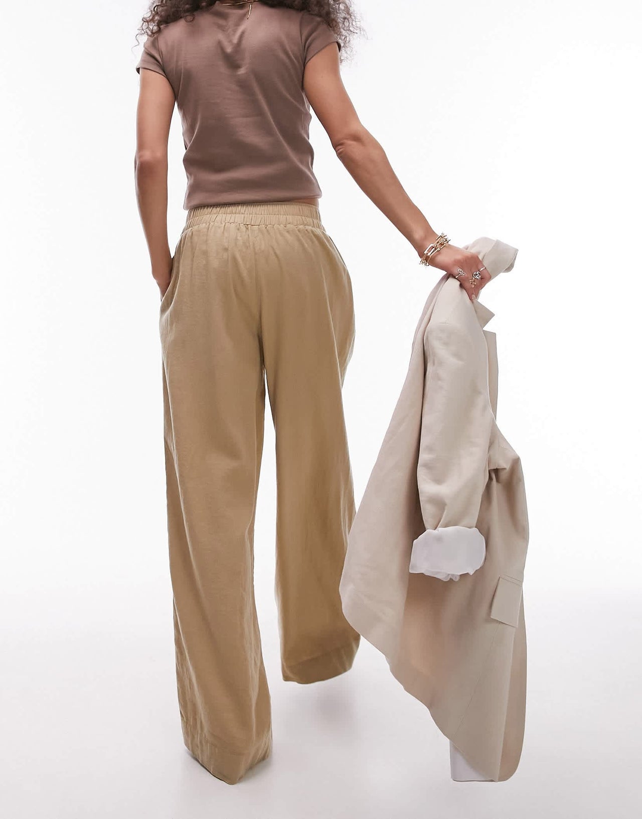 Topshop linen high waist pull on straight leg trouser in sand