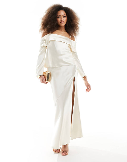 ASOS DESIGN satin maxi skirt with high side split  in ivory
