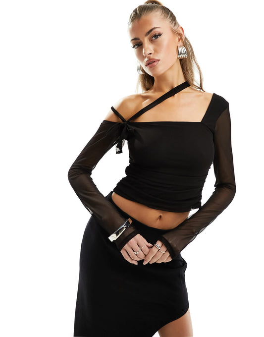 ASOS DESIGN mesh off shoulder top with asymmetrical tie detail in black