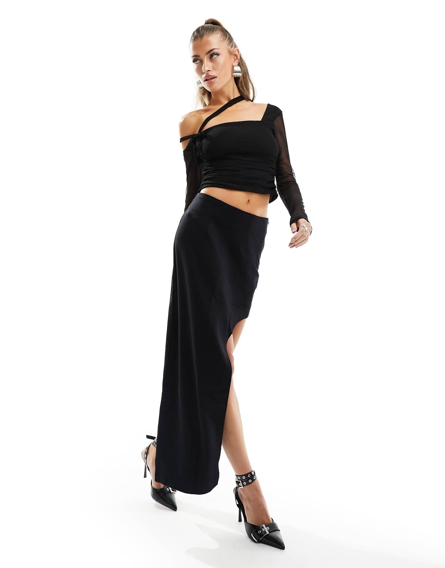 ASOS DESIGN mesh off shoulder top with asymmetrical tie detail in black