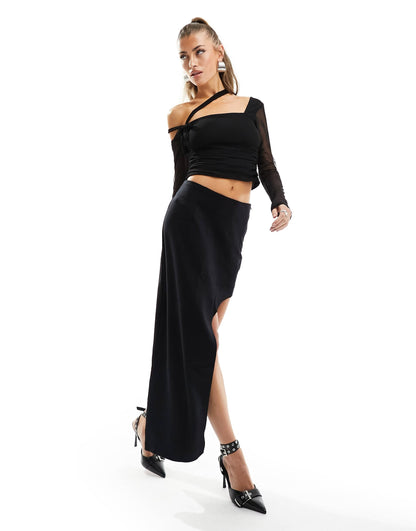 ASOS DESIGN mesh off shoulder top with asymmetrical tie detail in black
