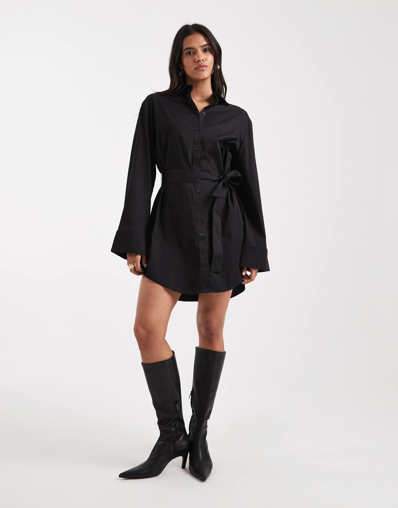 Edited tie waist shirt mini dress in black
